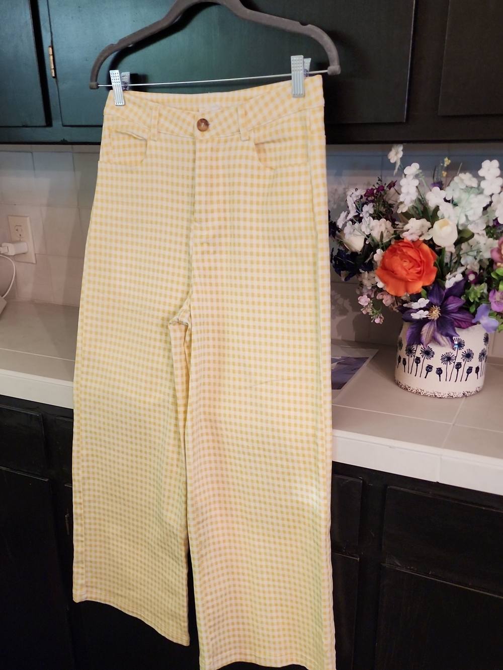 Yellow Gingham Wide-Leg Womens Pants